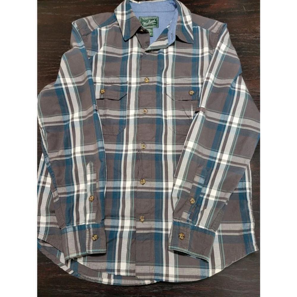 Woolrich Shirt Men's Med Green & Brown Plaid Button Down Long Sleeve Collared